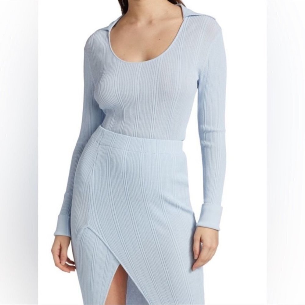 NWT Ronny Kobo Alanna Ribbed Knit Top Long Sleeves Collar Blue Ribbed Blouse
